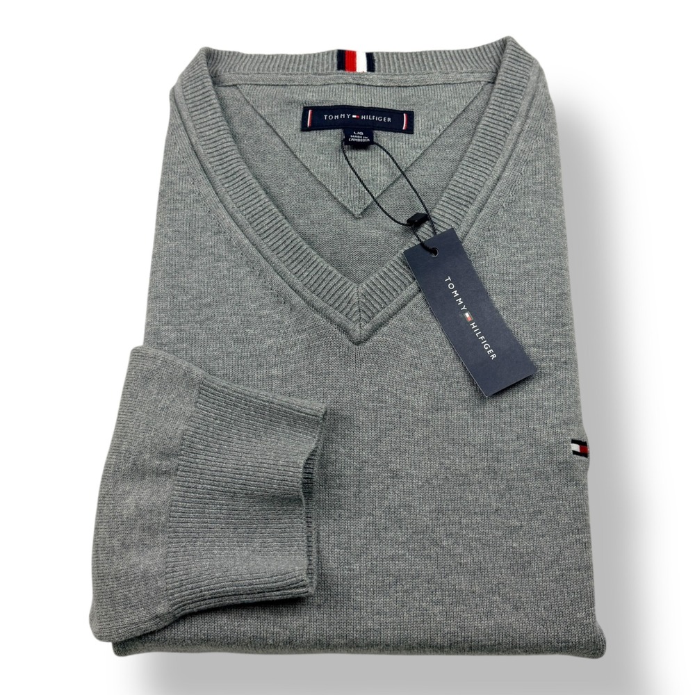Tommy Hilfiger Mens V-Neck Sweater Gray Cotton Logo Pullover Large 78J8323 NWT‎